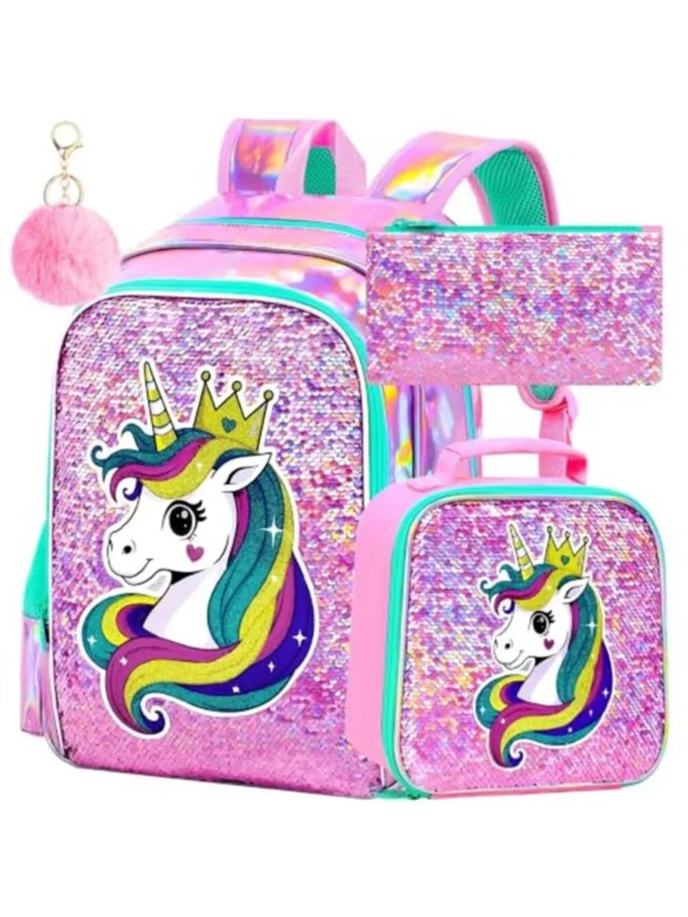3Pcs Kids Sequin Unicorn Backpack Bookbag with Lunch Box, 16”
